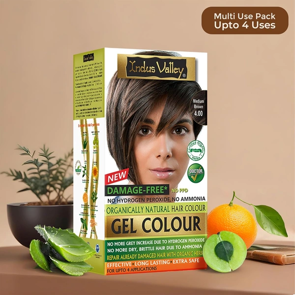 Indus Valley INDUS VALLEY Damage Free Natural Gel Hair Colour 220ml  Medium Brown 4.00 for Women & Men | 100% Grey Coverage | Ammonia & PPD Free Herbal Organic Conditioning Hair Color