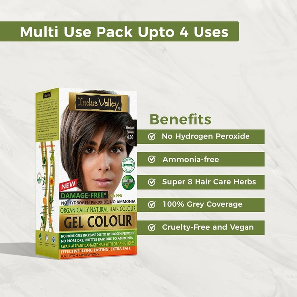 Indus Valley INDUS VALLEY Damage Free Natural Gel Hair Colour 220ml  Medium Brown 4.00 for Women & Men | 100% Grey Coverage | Ammonia & PPD Free Herbal Organic Conditioning Hair Color