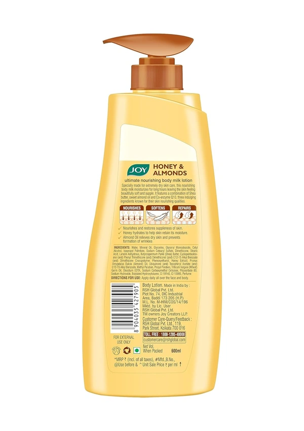 Joy Honey & Almonds Ultimate Nourishing Body Milk Winter Lotion 600ml | With Shea Butter & Vitamin E | Long Lasting Moisture | Intense Care for Dry Skin