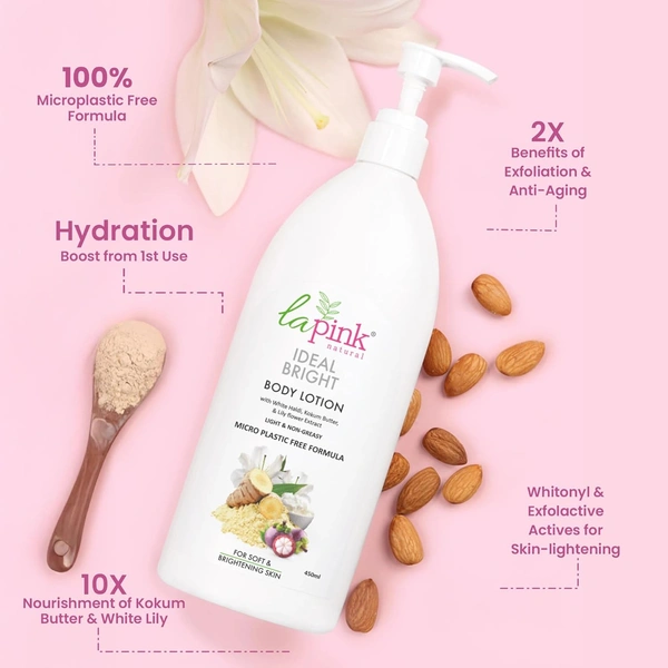 La Pink Natural La Pink Body Lotion Ideal Bright White Haldi 450ml with Kokum Butter & Lily Flower Extract | 100% Microplastic-Free | Deep Moisturization & Brightening | Daily Care