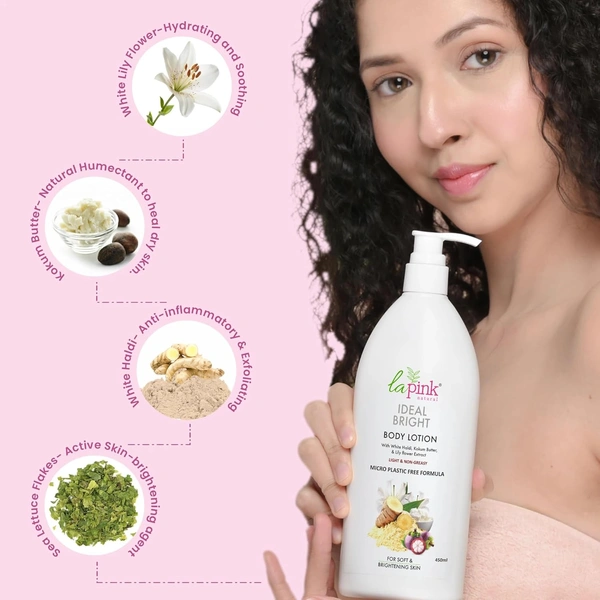 La Pink Natural La Pink Body Lotion Ideal Bright White Haldi 450ml with Kokum Butter & Lily Flower Extract | 100% Microplastic-Free | Deep Moisturization & Brightening | Daily Care