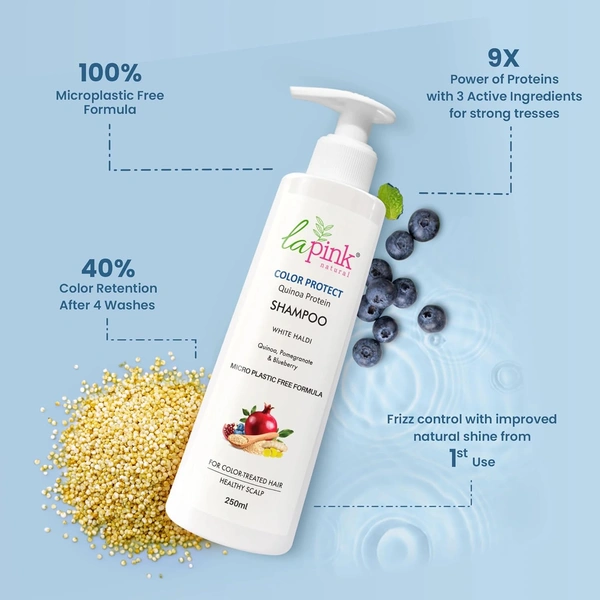 La Pink Natural La Pink Colour Protact Sampoo Quinoa Protein 250ml | White Haldi, Quinoa, Pomegranate & Blueberry | Microplastic-Free Formula |  Cleanse, refreshes & banishes dandruff