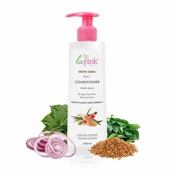 La Pink Natural La Pink Conditioner Methi Dana 8-in-1 250ml | White Haldi, Bhringraj, Kadi Patta, Hibiscus & Onion | Microplastic-Free Formula |  Hair Fall Control Volume Booster