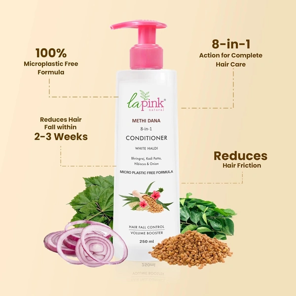 La Pink Natural La Pink Conditioner Methi Dana 8-in-1 250ml | White Haldi, Bhringraj, Kadi Patta, Hibiscus & Onion | Microplastic-Free Formula |  Hair Fall Control Volume Booster