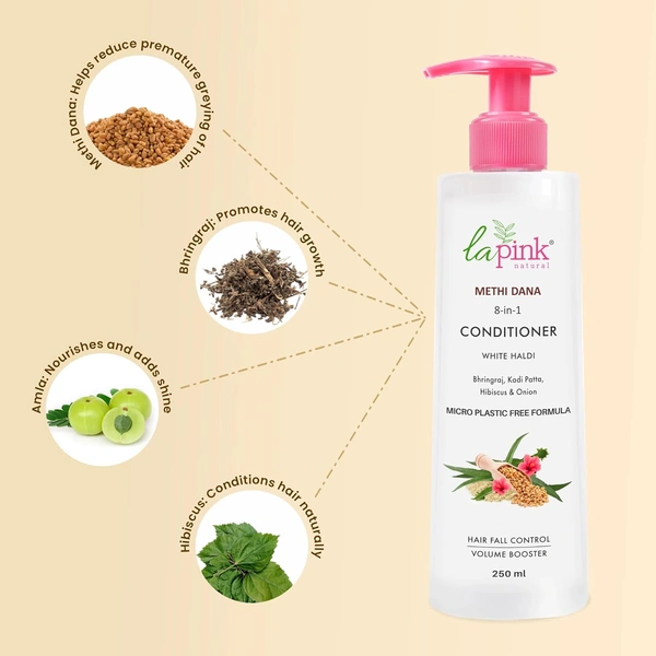 La Pink Natural La Pink Conditioner Methi Dana 8-in-1 250ml | White Haldi, Bhringraj, Kadi Patta, Hibiscus & Onion | Microplastic-Free Formula |  Hair Fall Control Volume Booster