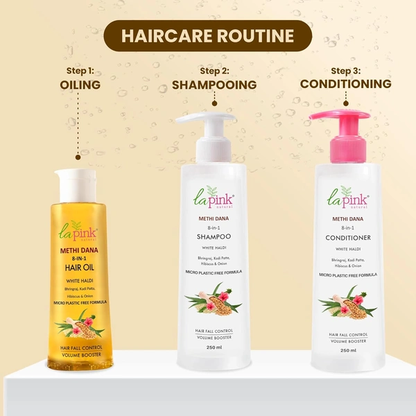 La Pink Natural La Pink Hair Oil Methi Dana 8-in-1 150ml | White Haldi, Bhringraj, Kadi Patta, Hibiscus & Onion | Microplastic-Free Formula |  Enhances Color Vibrancy & Controls Hair Fall