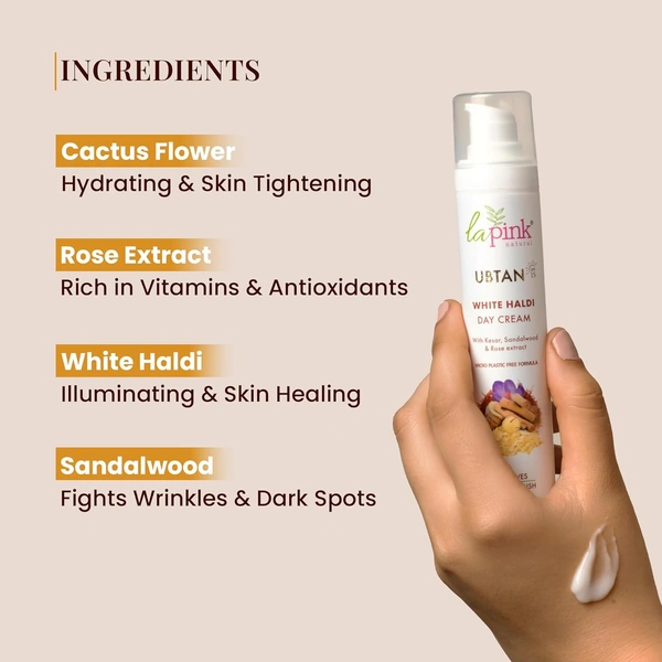 La Pink Natural La Pink  Day Cream Ubtan White Haldi 50g with Kesar, Sandalwood & Rose Extract | Fades Tan & Blemishes | Skin Brightening | Microplastic Free Daily Formula
