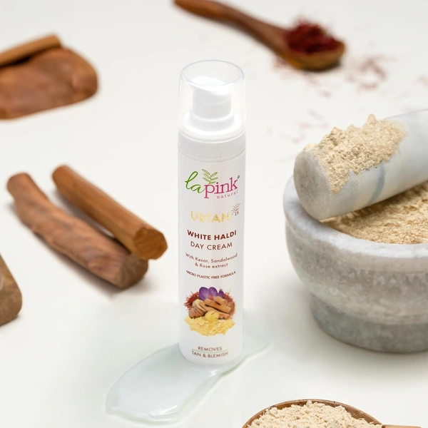 La Pink Natural La Pink  Day Cream Ubtan White Haldi 50g with Kesar, Sandalwood & Rose Extract | Fades Tan & Blemishes | Skin Brightening | Microplastic Free Daily Formula
