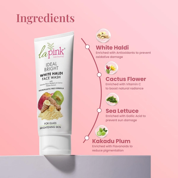 La Pink Natural La Pink Face Wash Ideal Bright White Haldi 100ml, Boosts Radiance | Reduces Pigmentation & Dark Spots | Hydrating & Soap-Free | Kakadu Plum, Mulberry & Cactus Flower | All Skin Types