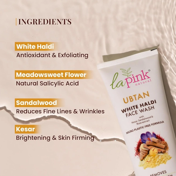 La Pink Natural La Pink Face Wash Ubtan White Haldi 200ml with Kesar, Sandalwood & Rose Extract | Micro Plastic Free Formula | Remove Tan & Blemish | Brightening, Cleansing & Nourishing Care