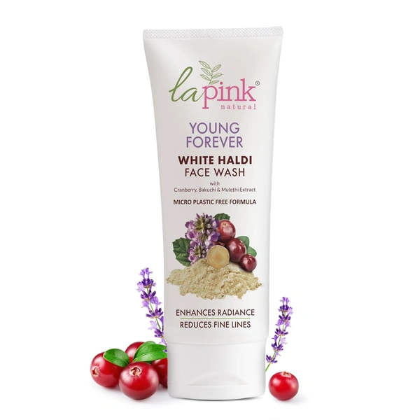 La Pink Natural La Pink Face Wash Young Forever White Haldi 100ml with Cranberry, Bakuchi & Mulethi Extract | Boosts Radiance & Reduces Fine Lines | Gentle Cleansing | Microplastic-Free Formula