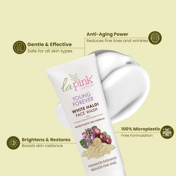 La Pink Natural La Pink Face Wash Young Forever White Haldi 100ml with Cranberry, Bakuchi & Mulethi Extract | Boosts Radiance & Reduces Fine Lines | Gentle Cleansing | Microplastic-Free Formula