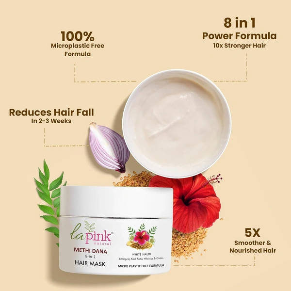 La Pink Natural La Pink Hair Mask Methi Dana 8-in-1 200g | White Haldi, Bhringraj, Kadi Patta, Hibiscus & Onion | Microplastic-Free Formula | Enhances Hair Color & Strength