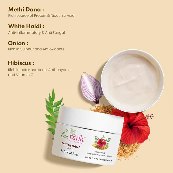 La Pink Natural La Pink Hair Mask Methi Dana 8-in-1 200g | White Haldi, Bhringraj, Kadi Patta, Hibiscus & Onion | Microplastic-Free Formula | Enhances Hair Color & Strength