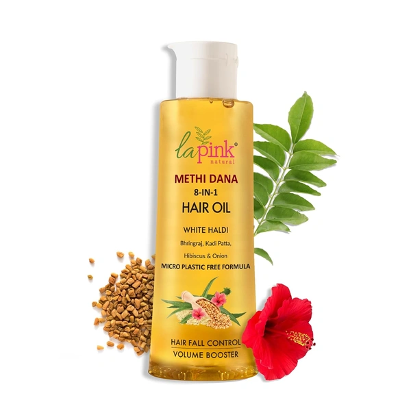 La Pink Natural La Pink Hair Oil Methi Dana 8-in-1 150ml | White Haldi, Bhringraj, Kadi Patta, Hibiscus & Onion | Microplastic-Free Formula |  Enhances Color Vibrancy & Controls Hair Fall