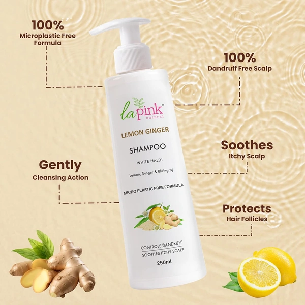 La Pink Natural La Pink Lemon Ginger Sampoo 250ml | White Haldi, Lemon, Ginger & Bhringraj | Microplastic-Free Formula |  Cleanse, refreshes & banishes dandruff