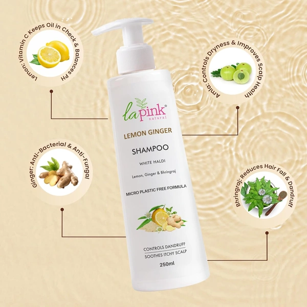 La Pink Natural La Pink Lemon Ginger Sampoo 250ml | White Haldi, Lemon, Ginger & Bhringraj | Microplastic-Free Formula |  Cleanse, refreshes & banishes dandruff