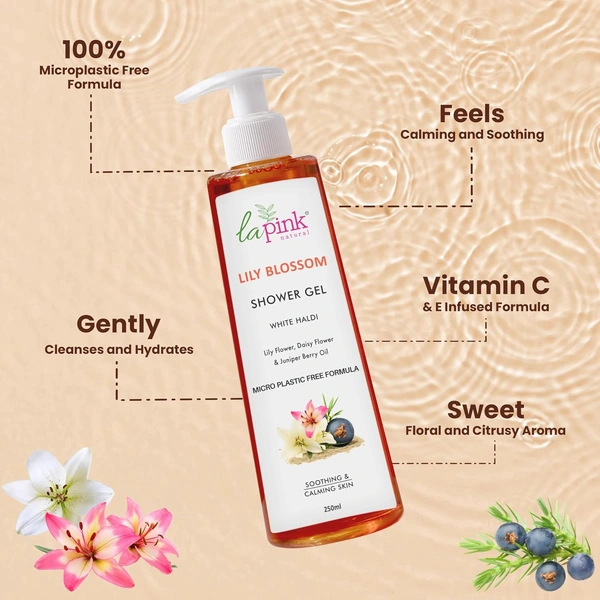 La Pink Natural La Pink Lily Blossom Shower Gel 250ml | White Haldi, Lily & Daisy Flower, Avocado & Juniper Berry Oil | Calming, Smoothing | Microplastic-Free, Skin-Friendly Formula
