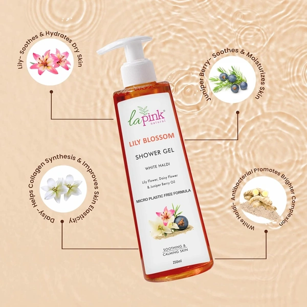 La Pink Natural La Pink Lily Blossom Shower Gel 250ml | White Haldi, Lily & Daisy Flower, Avocado & Juniper Berry Oil | Calming, Smoothing | Microplastic-Free, Skin-Friendly Formula