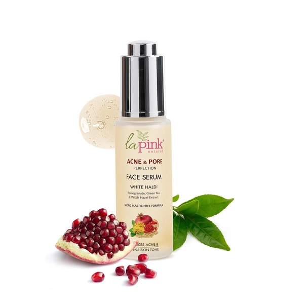 La Pink Natural Anti Acne Face Serum with white haldi 100ml | Pomegranate, Green Tea & Witch Hazel Extract for Reduce Acne & Evens Skin Tone | Micro Plastic Free Formula