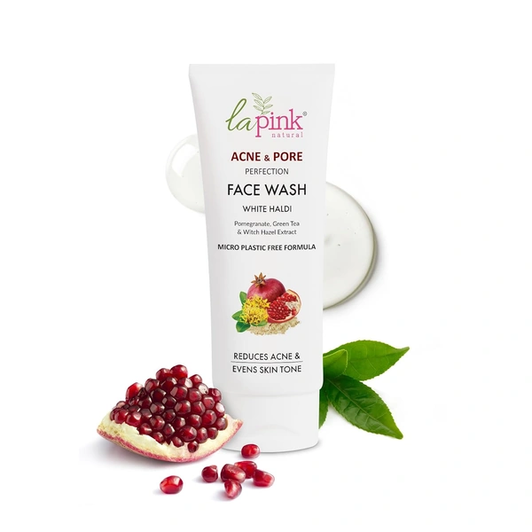La Pink Natural Anti Acne Face Wash with white haldi 100ml | Pomegranate, Green Tea & Witch Hazel Extract for Reduce Acne & Evens Skin Tone | Micro Plastic Free Formula