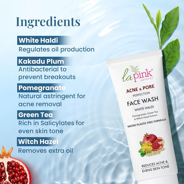 La Pink Natural Anti Acne Face Wash with white haldi 100ml | Pomegranate, Green Tea & Witch Hazel Extract for Reduce Acne & Evens Skin Tone | Micro Plastic Free Formula