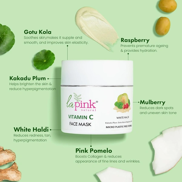 La Pink Natural Vitamin C Face Mask with white haldi 100ml | Kakdu Plum, Gotu Kola & Rasberry Extract for glowing rediant skin | Gentle, Nourishing Cleanser | Micro Plastic Free Formula