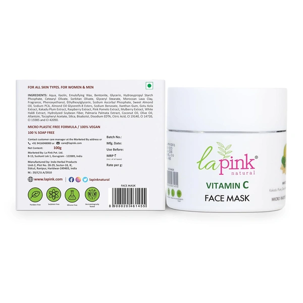La Pink Natural Vitamin C Face Mask with white haldi 100ml | Kakdu Plum, Gotu Kola & Rasberry Extract for glowing rediant skin | Gentle, Nourishing Cleanser | Micro Plastic Free Formula