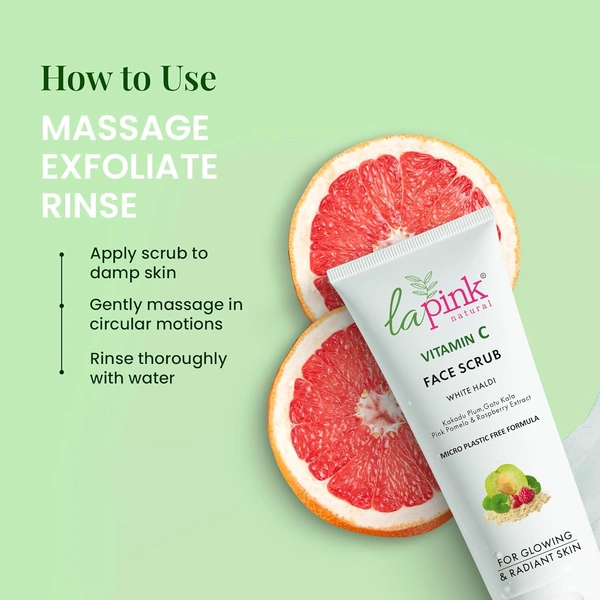 La Pink Natural Vitamin C Face Scrub with white haldi 100ml | Kakdu Plum, Gotu Kola & Rasberry Extract for glowing rediant skin | Gentle, Nourishing Cleanser | Micro Plastic Free Formula