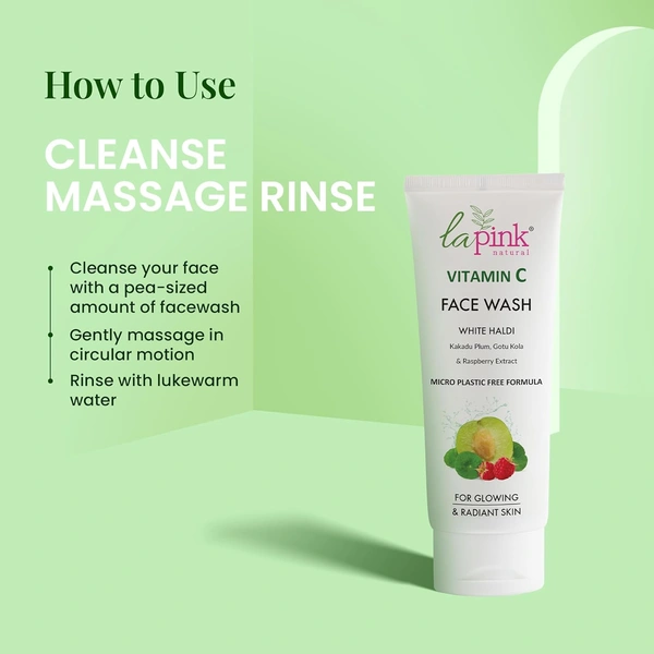 La Pink Natural Vitamin C Face Wash with white haldi 100ml | Kakdu Plum, Gotu Kola & Rasberry Extract for glowing rediant skin | Gentle, Nourishing Cleanser | Micro Plastic Free Formula