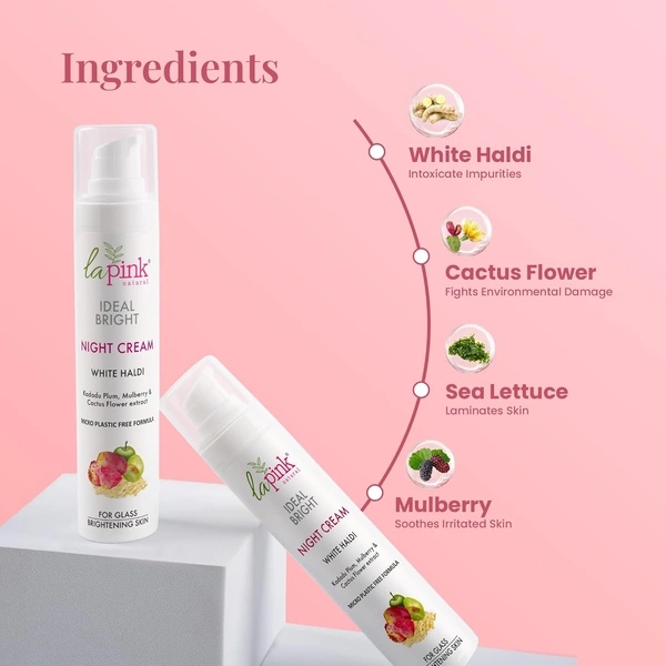 La Pink Natural La Pink Night Cream Ideal Bright White Haldi 50gm with SPF15 Sun Protection | Brightening & Hydrating | Kakadu Plum, Mulberry & Cactus Flower Extract | 100% Microplastic-Free |All Skin Types