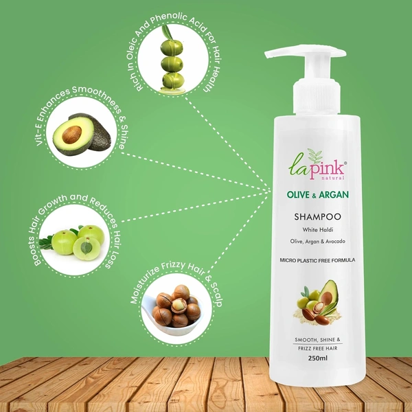 La Pink Natural La Pink Olive & Argen Sampoo 250ml | White Haldi, Olive, Argen & Avocado | Microplastic-Free Formula |  Smooth Shine & Frizz Free Hair