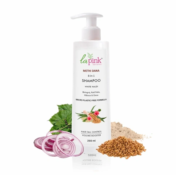 La Pink Natural La Pink Sampoo Methi Dana 8-in-1 250ml | White Haldi, Bhringraj, Kadi Patta, Hibiscus & Onion | Microplastic-Free Formula |  Hair Fall Control Volume Booster