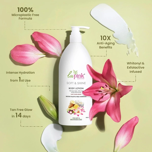 La Pink Natural La Pink Soft & Shine Body Lotion 450ml with Kokum Butter, White Haldi & Daisy Flower Extract | Microplastic-Free Formula | Soft & Brightening skin