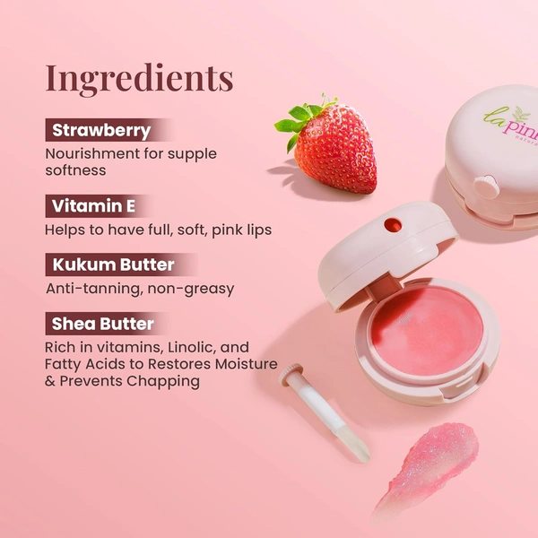 La Pink Natural La Pink Strawberry Tinted Lip Balm 15g with Shea & Kokum Butter | Deep Nourishment & Hydration | Soft & Smooth Lips | 100% Microplastic-Free| Shiny & Natural Tint