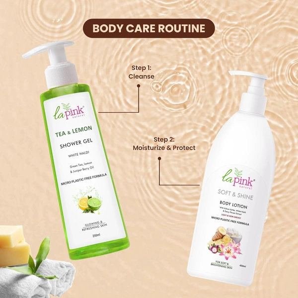 La Pink Natural La Pink Tea & Lemon Shower Gel 250ml | White Haldi, Greem Tea, Lemon  & Juniper Berry Oil | Calming, Smoothing | Microplastic-Free, Skin-Friendly Formula