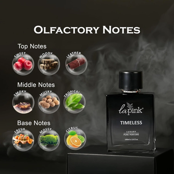 La Pink Timeless Luxury Pure Perfume for Men 100ml | Sweet, Woody, Leather | Smoky, Musky, Tropical Heart | Fresh, Mossy, Citrus Base | Long-lasting Fragrance