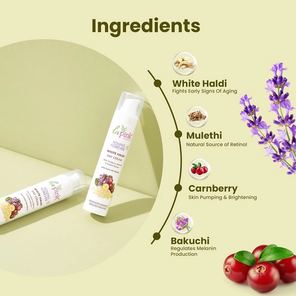 La Pink Natural La Pink Young Forever Day Cream Enriched with White Haldi - 50g | SPF 5, Cranberry, Bakuchi & Mulethi Extract | Microplastic-Free Formula