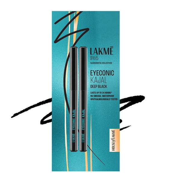 Lakme 9 to 5 Eyeconic Kajal Pack Of 2pc , Deep Black Matte Finish Combo Pack, Waterproof & Smudge-Proof Eye Kajal, 24H Long-Lasting, Smooth Glide, Intense Pigment for Bold Eye Look