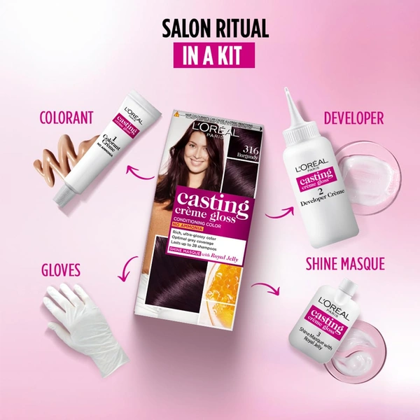 Loreal Paris Casting Creme Gloss Burgundy 316 Conditioning Hair Color - 87.5g+72ml | No Ammonia | Rich, Ultra Glossy Color | Optical Grey Coverage | Long-Lasting Color| Honey-Infused Conditioner | Salon Like Hair At-home