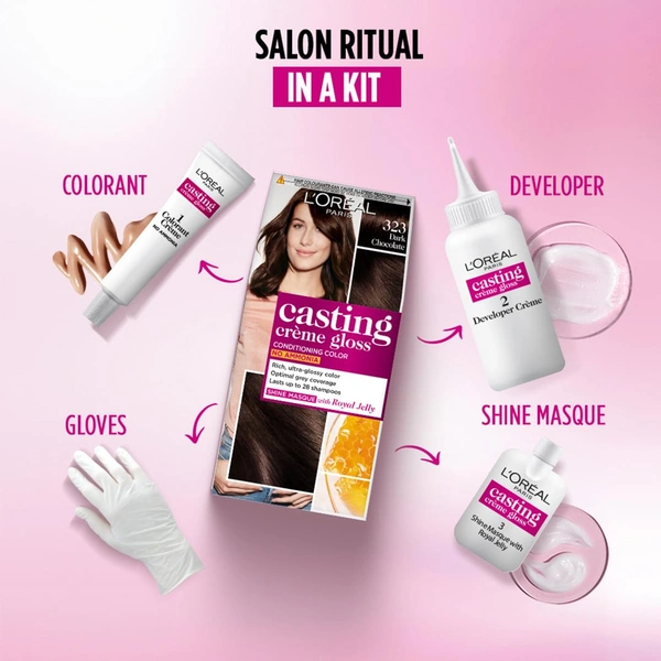 Loreal Paris Casting Creme Gloss  Dark Chocolate 323 Conditioning Hair Color - 87.5g+72ml | No Ammonia | Rich, Ultra Glossy Color | Optical Grey Coverage | Long-Lasting Color| Honey-Infused Conditioner | Salon Like Hair At-home