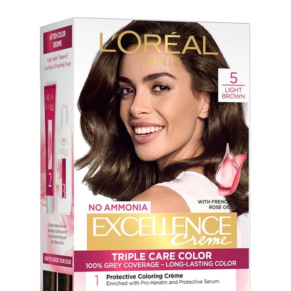 Loreal Paris Loreal  Paris Excellence Creme 05 Light Brown 72ml+100g | Triple Care Hair Color | 100% Grey Coverage | Long Lasting Color | Permanent Hair Color for Shiny, Healthy Hair | Radiant Light Brown  |Shade -