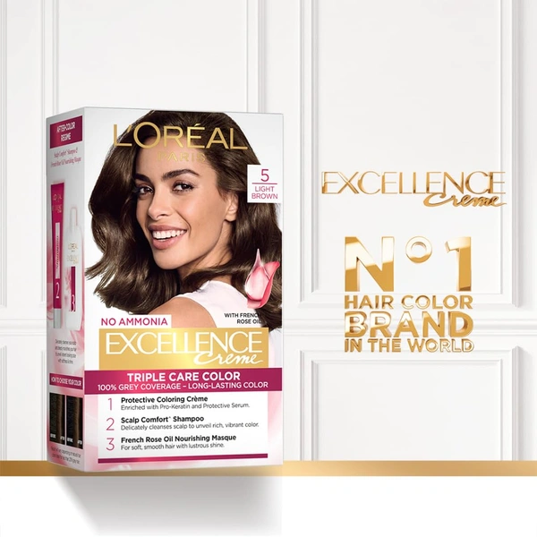 Loreal Paris Loreal  Paris Excellence Creme 05 Light Brown 72ml+100g | Triple Care Hair Color | 100% Grey Coverage | Long Lasting Color | Permanent Hair Color for Shiny, Healthy Hair | Radiant Light Brown  |Shade -
