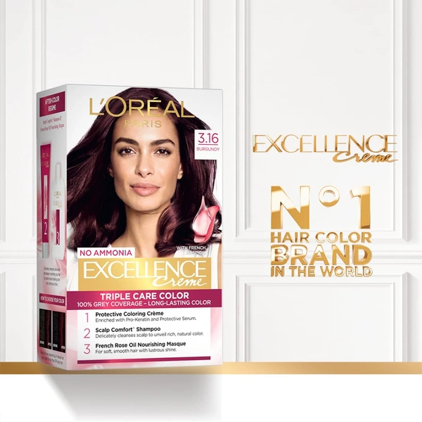 Loreal Paris Excellence Creme  Burgundy 3.16 | 72ml+100g | Triple Care Hair Color | 100% Grey Coverage | Long Lasting Color | Permanent Hair Color for Shiny, Healthy Hair | Vibrant Burgundy Hair Color  | Shade -