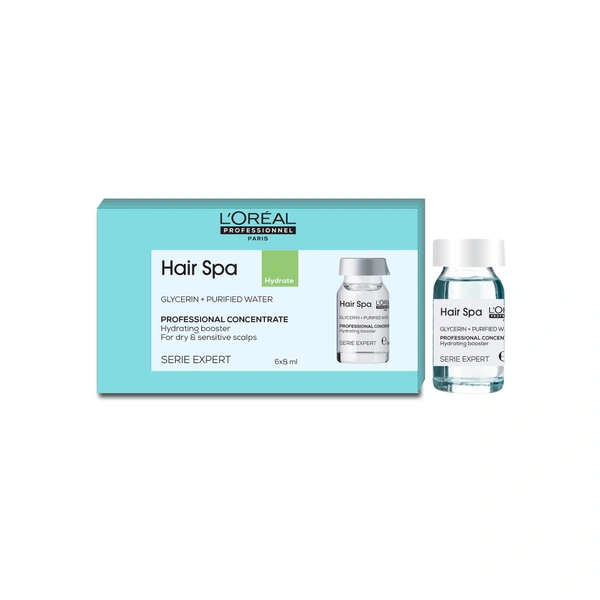 Loreal Professionnel Hair Spa Hydrating Concentrate - 8ml x 6 | Enriched Water Lily & Purified Water | For Dry & Sensitive Scalp | Frizz Control | Salon-Like Treatment at Home