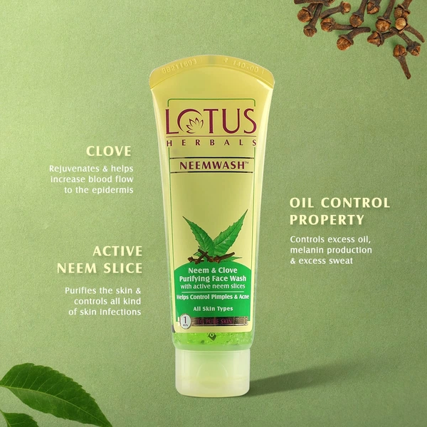 Lotus Herbals NeemWash, Neem and Clove Purifying Face Wash with Active Neem Slices, 120g