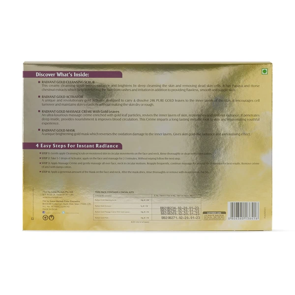 Lotus Herbals Radiant Gold 4-in-1 Facial Kit | 24K Gold Glow & Radiance | Revitalizes dull skin | 4 Easy Steps |  leaving skin soft and supple