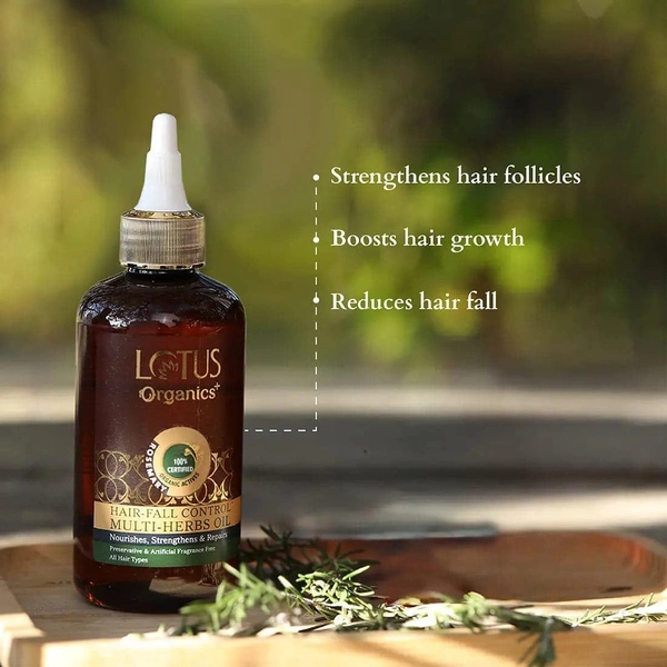 Lotus Organics+ Hair Fall Control Multi-Herbs Oil 100ml | Enriched with 100% Certified Organic Rosemary, Bhringraj & Amla | Strengthens Roots | Reduces Hair Fall | Promotes Growth Naturally