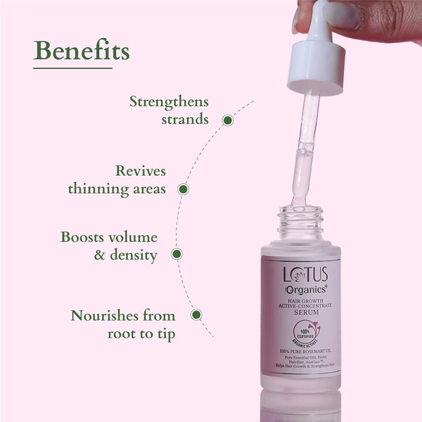 Lotus Organics+ Hair Growth Active Concentrate Serum 28ml | 100% Organic Rosemary Oil, AnaGain & Hairdian | Strengthens Hair Follicles & Boosts Growth | For All Hair Types