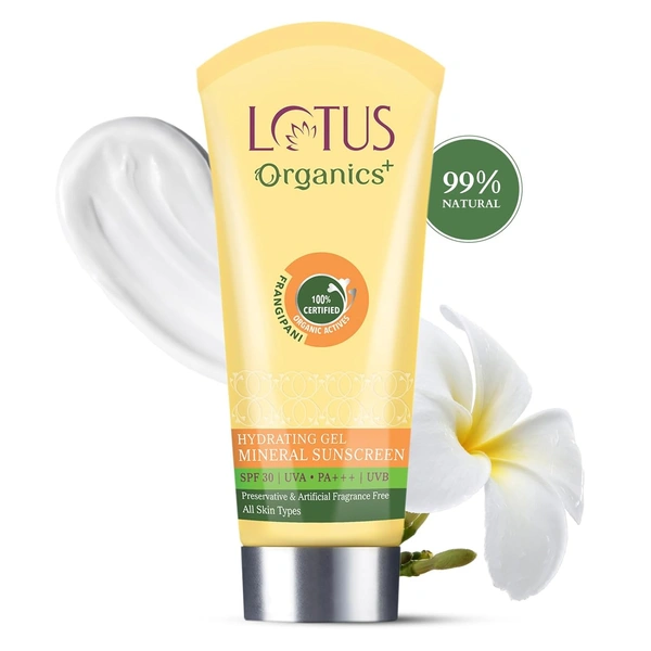 Lotus Organics+ Hydrating Gel Mineral Sunscreen SPF 30 PA+++ 50g | 100% Certified Organic Frangipani | Non-Greasy & Fast Absorbing | Strengthens Skin Barrier | UVA/UVB Protection | Unisex | All Skin Types